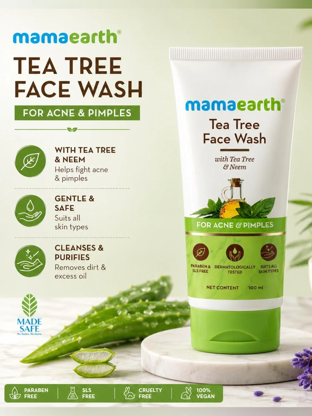Mamaearth Tea Tree Face Wash — Green & White